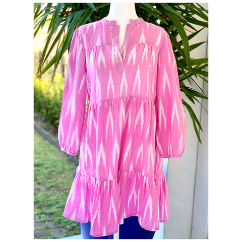 Pink Ikat Block Print Cotton Folly Dress