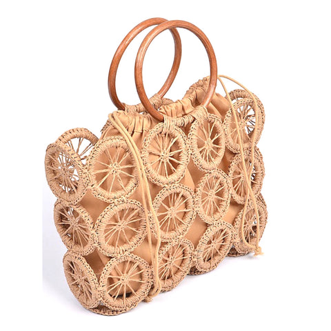 Raffia Orange Slice Pattern Tote with Wood Handle & Removable Inner Bag ...