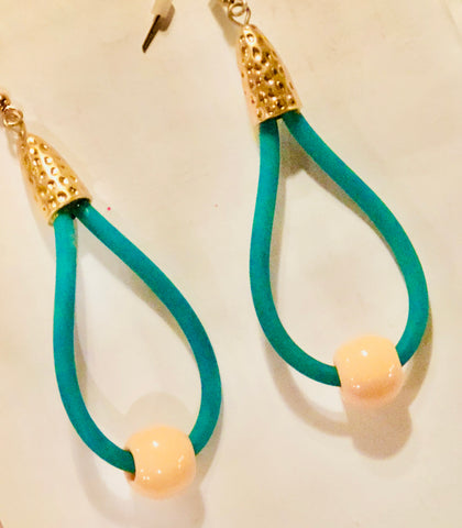 Green and Gold Rubber Teardrop Earrings with Corral Bead