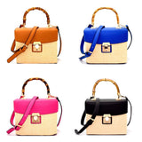 Woven Straw Handbag with Bamboo Handle & Vegan Leather with Gold Clasp Closure (4 Colors)