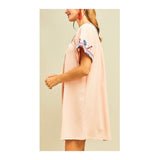 Peach Pleated Front EMBROIDERED Short Sleeve Dress