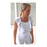 White Textured Ruffle Jumpsuit with Open Back & POCKETS