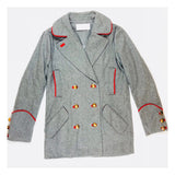 Grey Double Breasted Pea Coat with Red Embroidered Trim