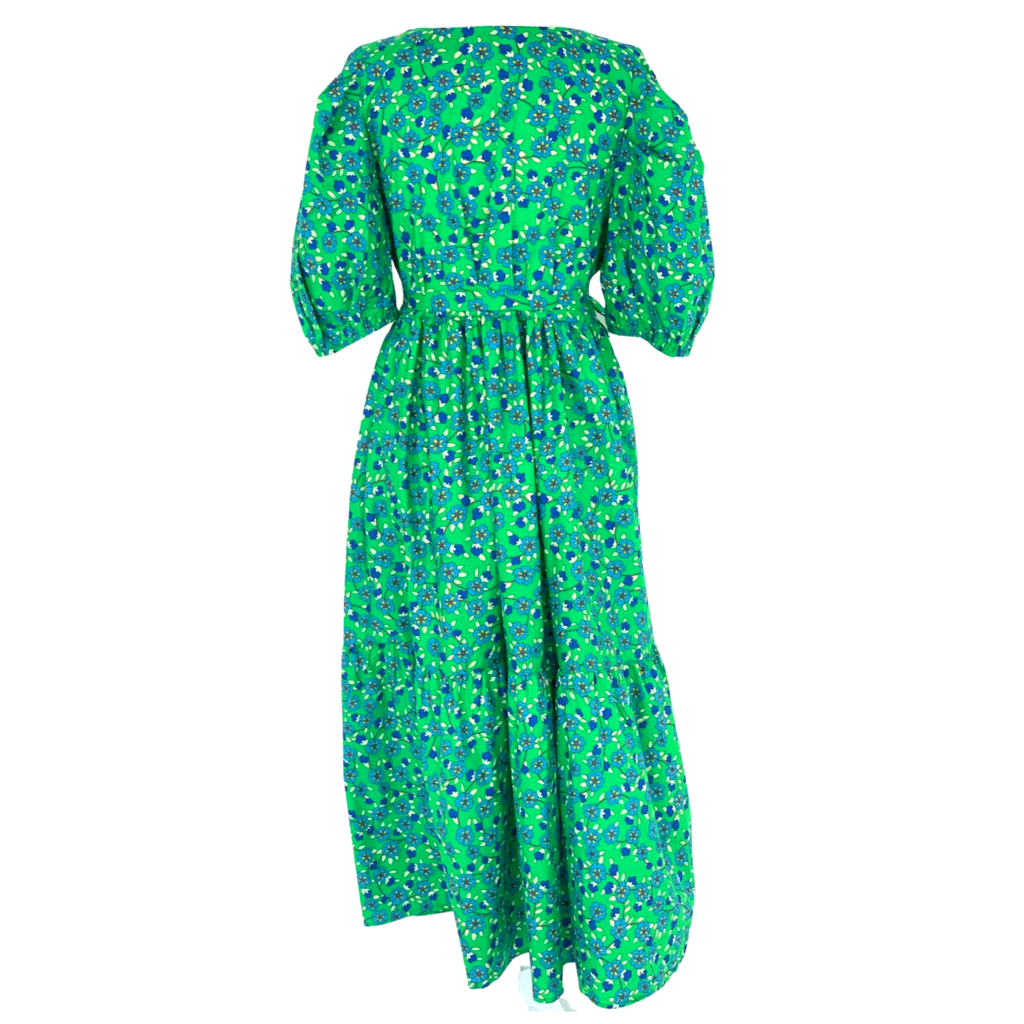 Green & Blue Micro Floral Puff Sleeve Simmons Dress - James Ascher