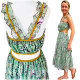 Green Metallic Floral Ruffle Trim Calista Dress