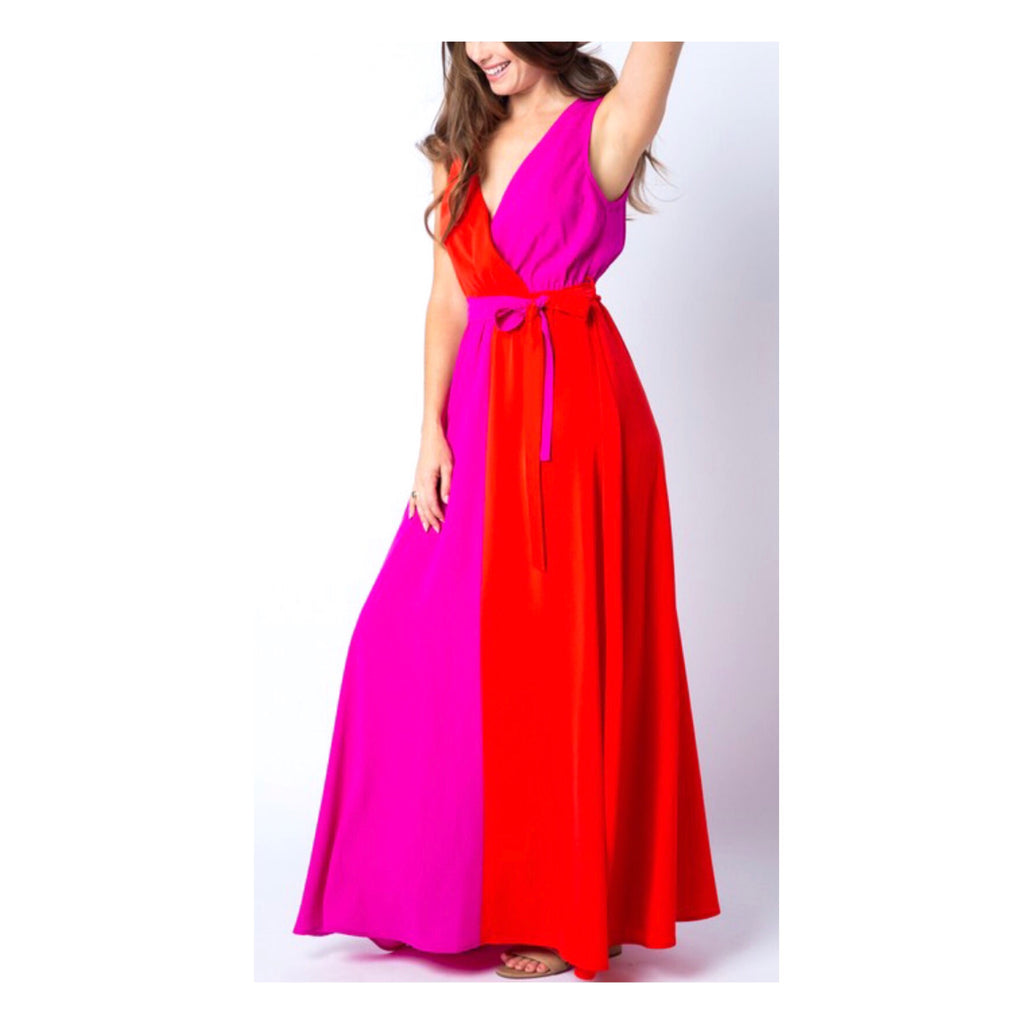 Red & Fuchsia Colorblock Maxi Dress with Self Tie Belt - James Ascher