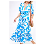 Azure Blue & White Puff Sleeve Resort Dress with Bow Front