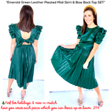 Emerald Green Leather Pleated Midi Skirt & Bow Back Puff Sleeve Top SET