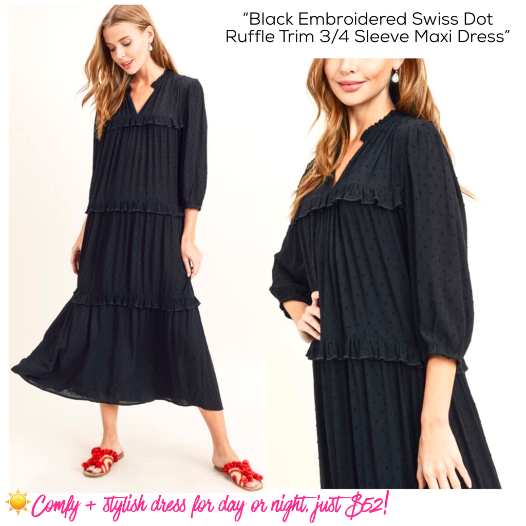 Black Embroidered Swiss Dot Ruffle Trim 3/4 Sleeve Maxi Dress - James Ascher Black Embroidered Swiss Dot Ruffle Trim 3/4 Sleeve Maxi Dress - James Ascher