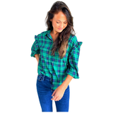 Green & Blue Ruffle Trim Tartan Plaid Baxter Top