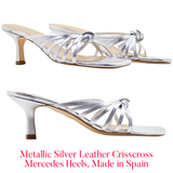 Metallic Silver Leather Crisscross Mercedes Heels, Made in Spain