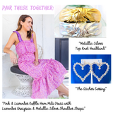 Pink & Lavender Ruffle Hem Midi Dress with Lavender Grosgrain & Metallic Silver Shoulder Straps