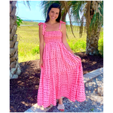 Pink & Red Smocked Tie Shoulder Blythe Dress with POCKETS