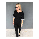 Black Knit Striped Flare Sleeve Top