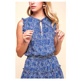 Bright Cobalt Blue Tiered Ruffle Hem Dress with Ruffle Sleeve Trim & Drawstring Waist