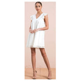 White Eyelet Flutter Sleeve Dress with Circle Lace Trim, Keyhole Back & POCKETS