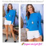 Cobalt Blue Ribbed Knit Puff Sleeve Sweater