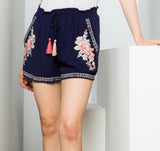 Navy Blue Embroidered Floral Tassel Tie Shorts with Pockets