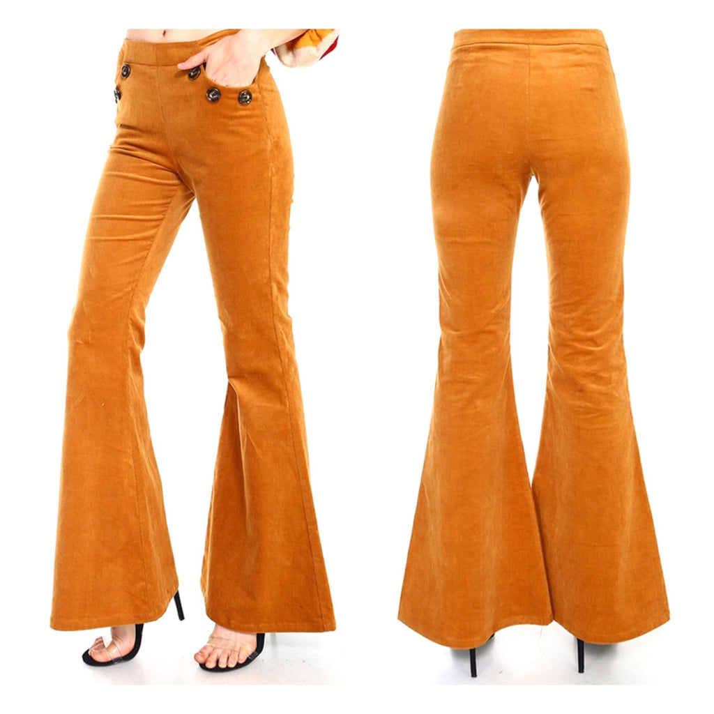 Woven Stretch Corduroy Sailor Bell Bottom Pants in Teal OR Camel ...