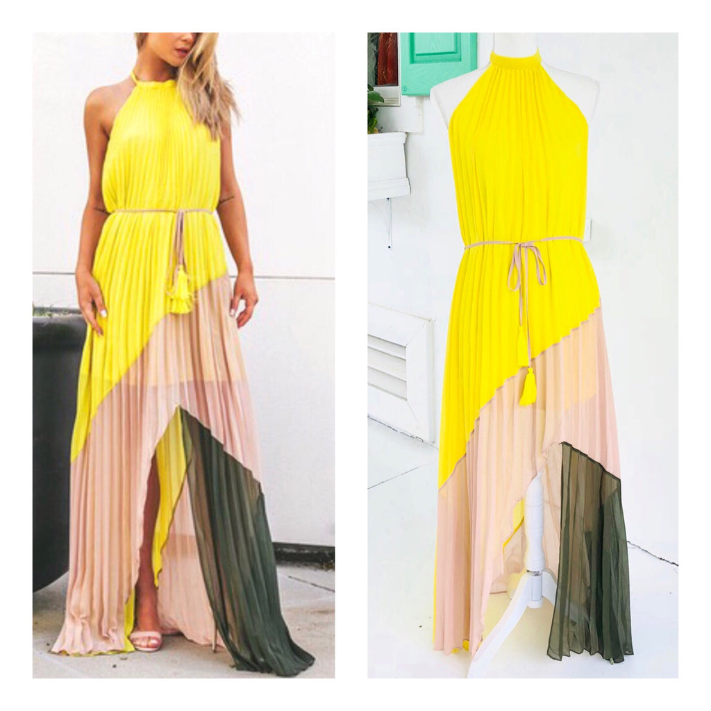 Lemon Yellow Olive & Nude Pleated Halter Maxi Dress with Open Back ...