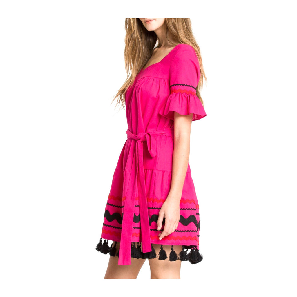 Magenta Bell Sleeve Belted Dress with Ric Rac Embroidery & Tassel Hem ...