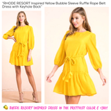 Yellow Bubble Sleeve Tiered Ruffle Hem Dress with Braided Rope Belt & Keyhole Back