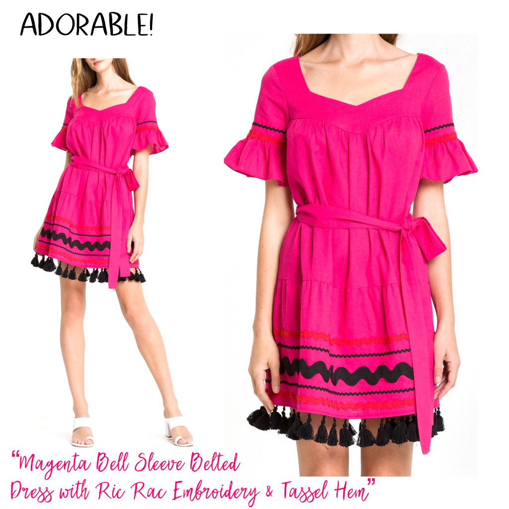 Magenta Bell Sleeve Belted Dress with Ric Rac Embroidery & Tassel Hem ...