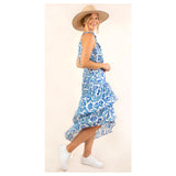 Grecian Blue & Aqua Floral Chiffon Dress with Ruffle Hem & Shoulder Tassel Ties