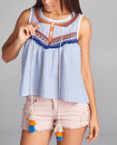 Blue White Stripe Sleeveless Blue Silver and Orange Embroidered Top with Tassel Ties