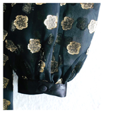 Black & METALLIC Gold Lurex Flower Dot Balloon Sleeve Dress with Satin Trim Contrast