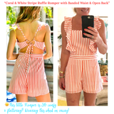 Coral & White Stripe Ruffle Open Back Romper with Banded Waist & Pockets
