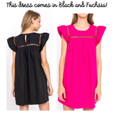 Black Shirred Flutter Sleeve Dress with Open Stitch Detail & POCKETS