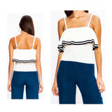 White Knit Ruffle Bust Cami with Black Stripe Contrast