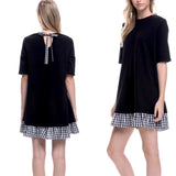 White OR Black Short Sleeve Knit Dress with Gingham Ruffle Hem & Gingham Back Tie