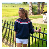 Navy Sweatshirt with Subtle Lace Detail & Red White Stripe Banded Accents