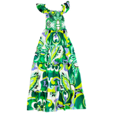 Green Retro Print Smocked Ruffle Kathleen Dress