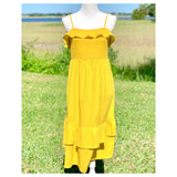 Yellow Tiered Ruffle Hem Midi Dress with Shirred Front