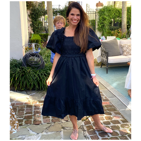 Black or Blue Smocked Sterling Dress with Shirred Ruffle Detail