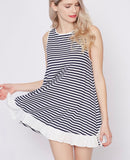 Black White Stripe Sleeveless Longer Top with Ruffle Hem