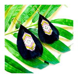 Black Feather Earrings with Lavender Yellow & White Beads