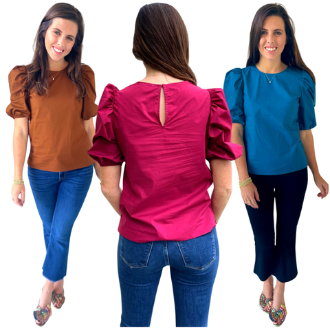 Jewel Tone Poplin Puff Sleeve Jagger Top with Keyhole Back