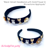Black Velvet Headband with Gold Flower & Rhinestone Appliques