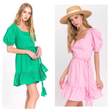Kelly Green or Pink Puff Sleeve A-Line Ruffle Hem Dress with Braided Belt & Smocked Back