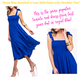 Royal Blue Smocked A-Line Midi Dress with Shoulder Ties
