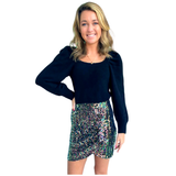 Rainbow Sequin Night Fever Skirt with Asymmetrical Ruffle