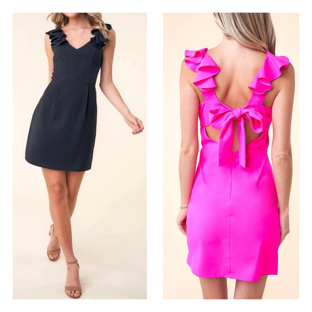 Electric Pink OR Black Ruffle Sleeve Dress with Open Bow Tie Back