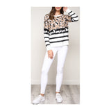 Ivory & Baby Pink Fuzzy Knit Leopard Sweater with Black White Stripe Contrast