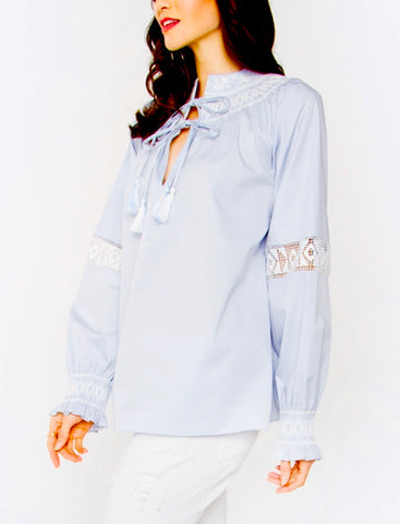 Baby Blue Tassel Tie Tunic with Smocked Collar and Lace Detail