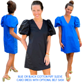 Blue or Black Cotton Puff Sleeve Cabo Dress with Optional Belt Sash