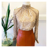 Ivory & Brown Leopard Print Mock Neck Chiffon Blouse with Keyhole Front